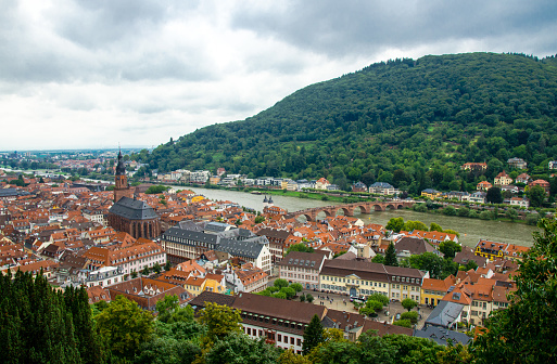 Panoramic view of beautiful medieval town Heidelberg, Carl Theodor Old Bridge and river Neckar from ancient old ruins of Heidelberg castle, Germany