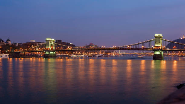 istock Szechenyi Chain Bridge on the Danube river in the evening. Budapest, Hungary. 1195442421