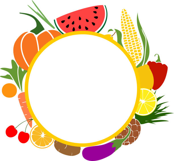 平らなスタイルで異なる熟した果物や野菜の大きなセット。野菜と果物の丸いフレーム - purple circle frame design点のイラスト素材／クリップアート素材／マンガ素材／アイコン素材
