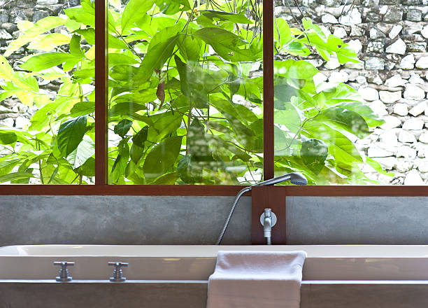 istock bath tub beside the large window 119544340