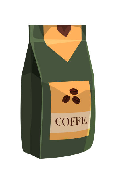 Coffee in beans green bag mockup isolated on white Coffee in beans green bag mockup isolated on white. Eco packaging design for aroma drink grains. Blank package template with place for branding, presentation, advertising. Vector cartoon illustration blank cereal box clip art stock illustrations