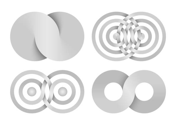 Set of Infinity signs made of combined disks and rings. Vector illustration. Set of Infinity signs made of combined disks and rings. Stylized symbols of interference concentric waves. Vector illustration isolated on white background. eternity symbol stock illustrations
