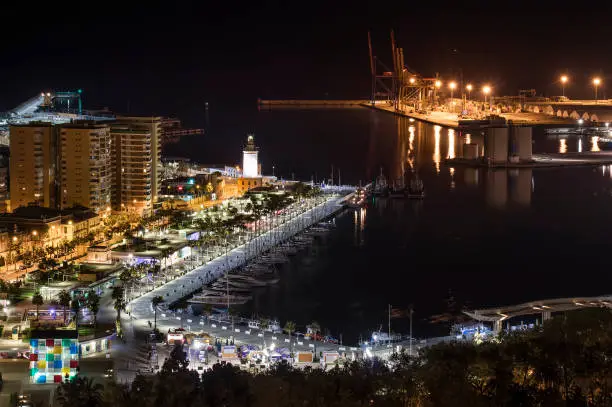 Nightshot of the harbor of Malaga, Spain