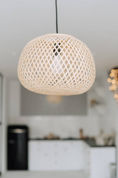 istock Modern Chandelier with Wooden Wicker Lampshade 1195447610