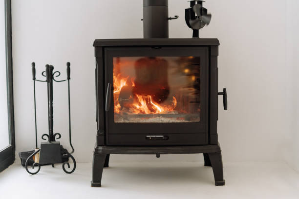 istock Modern Black Metal Fireplace Burning Wood Stove 1195447618