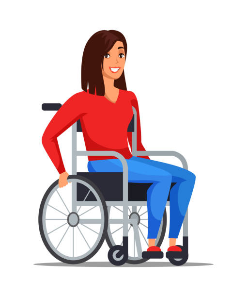 Disabled woman in a wheelchair isolated on white Pretty, smiling,disabled young woman sitting in a wheelchair isolated on white. Cartoon disabled girl character. disabled female. Living with disability, equal opportunities. Vector flat illustration disabled adult stock illustrations