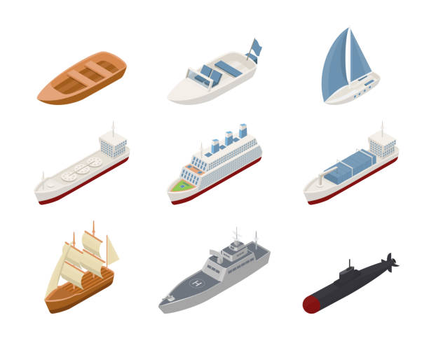 illustrazioni stock, clip art, cartoni animati e icone di tendenza di set di illustrazioni vettoriali isometriche per il trasporto marittimo - isometric nautical vessel yacht sailboat