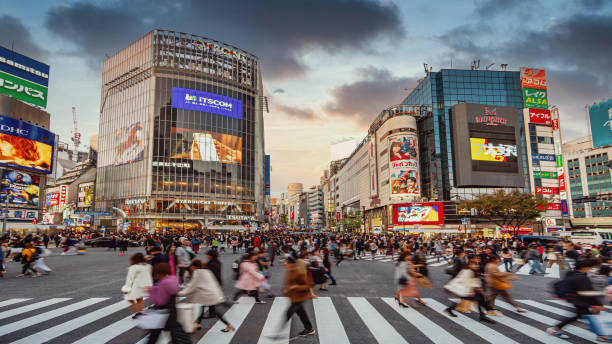 Sunset Twilight Over Tokyo Shibuya Crossing Japan Sunset Twilight at the famous Shibuya Crossing. People crossing the crowded Shibuya Crossing in Downtown Tokyo, illuminated Shibuya Buildings with billboards in the background. Twilight light, close to sunset. Shibuya Crossing, Shibuya Ward, Tokyo, Japan, Asia. tokyo crowds on the famous shibuya crossing japan stock pictures, royalty-free photos & images