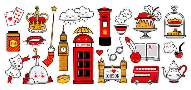 English tea party, telephone box, red double-decker bus, crown and bridge. Set of cartoon stickers, patches, badges, pins, stamps, emblems. United Kingdom icons. Vector illustration. excalibur stock illustrations