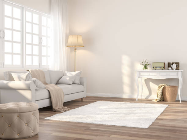 vintage style living room 3d render - simple living imagens e fotografias de stock