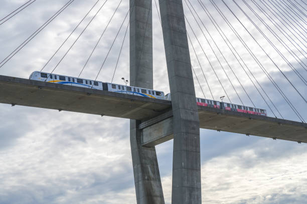 Skytrain passing over the Translink SkyBridge Surrey, British Columbia / Canada - June 2, 2019: A skytrain passing over the TransLink SkyBridge between New Westminster and Surrey. new westminster stock pictures, royalty-free photos & images