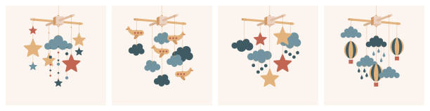 Vector baby mobile set. Mobile pendant toy accessory for nursery room. Vector baby mobile set. Mobile pendant toy accessory for baby bed in nursery room. Hanging baby toy with stars, airplanes, clouds and balloons. Vector baby shower stock illustration isolated. hanging mobile stock illustrations