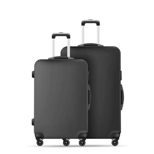 istock Black travel plastic suitcase with wheels realistic hand Luggage 1195456650