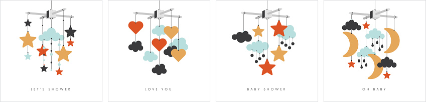 Baby mobile set. Vector stock illustration isolated on white for baby shower invitation, infant interior posters, baby card design. Hanging baby toy with stars, clouds, hearts, crescents.