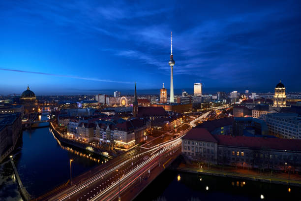 istock Panoramic view of Berlin city center at night 1195457901