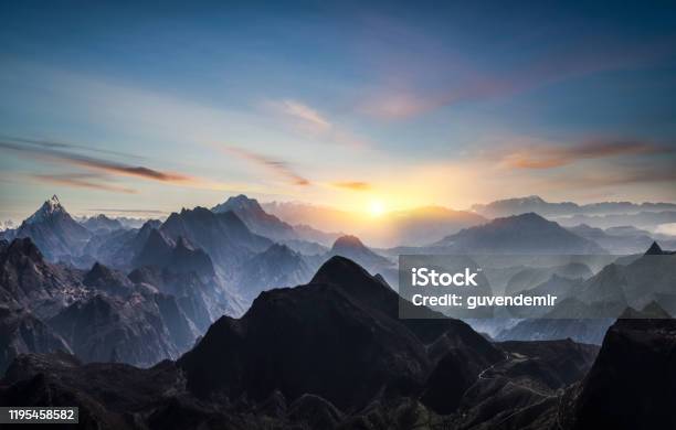 Aerial View Of Misty Mountains At Sunrise Stock Photo - Download Image Now - Mountain, Landscape - Scenery, Nature