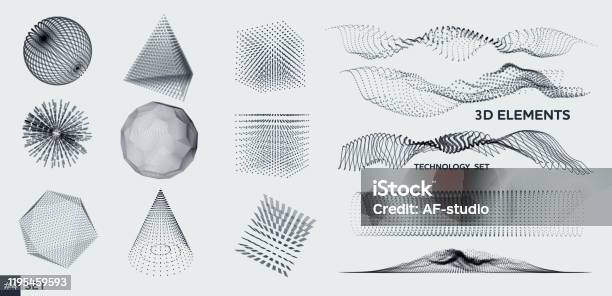 Set Of 3d Elements Stock Illustration - Download Image Now - Grid Pattern, Three Dimensional, Particle