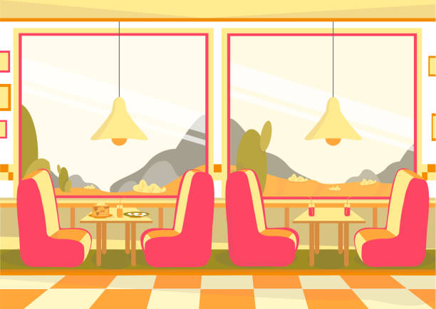 Bistro Restaurant, Cafeteria Dining Room Interior. Bistro Restaurant or Cafeteria Dining Room with Big Windows and Furniture Interior. Roadside Cafe, Snack Bar or Coffee House with Mountain View and Couches. Flat Cartoon Vector Illustration. indoors bar restaurant sofa stock illustrations