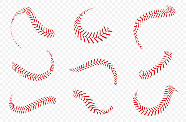 ilustraciones, imágenes clip art, dibujos animados e iconos de stock de conjunto de cordones o costuras de bolas de béisbol. puntos de béisbol con hilos rojos - baseball background