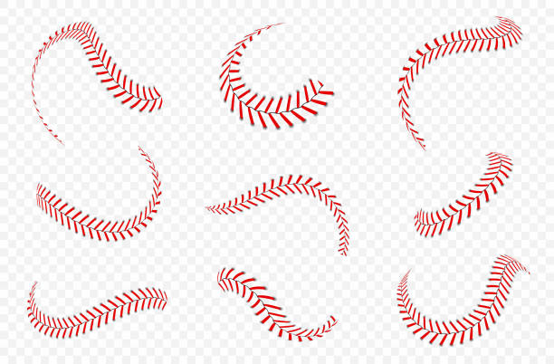 ilustrações, clipart, desenhos animados e ícones de laços ou emendas da esfera de basebol ajustados. pontos do basebol com linhas vermelhas - softball seam baseball sport