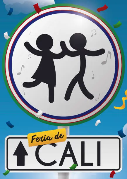 Vector illustration of Road Sign with Salsa Dancers Promoting Feria de Cali