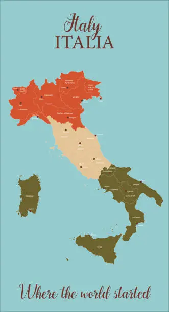 Vector illustration of Italy vector map divided by regions with major cities names