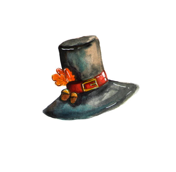 Thanksgiving black hat with leaves and acorns. Watercolor hand drawn illustration isolated Thanksgiving black hat with leaves and acorns. Watercolor hand drawn illustration isolated on white background thanksgiving full stock illustrations