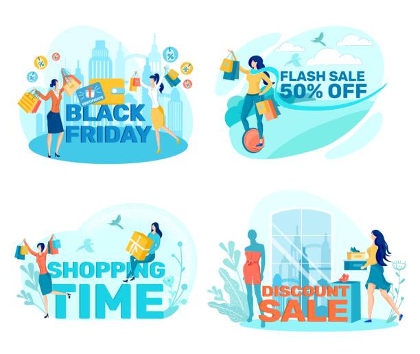 black friday flash sale, frau zu besuch in- und verkauf. - shopping mall flash stock-grafiken, -clipart, -cartoons und -symbole