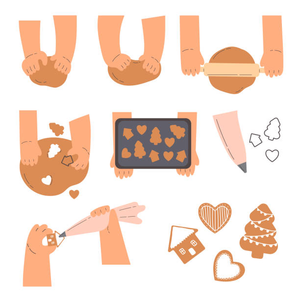 bildbanksillustrationer, clip art samt tecknat material och ikoner med stadier av bakning holiday cookies concept - bakplåt