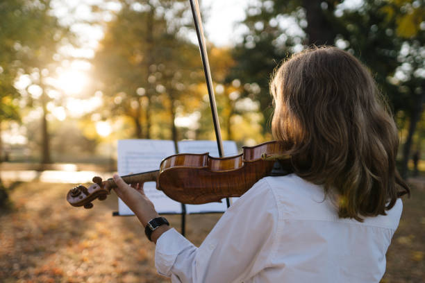 istock Long haired child playing a violin outdoors 1195469100