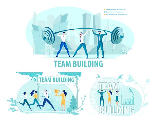 Team Building. Employees Learning to Be Supportive Colleagues Learning to Be Supportive and Effective Team. Three Office Employees Lifting Super Heavy Bar Together. White Collar Winning Race for Golden Cup. Isolated on White Three Pictures Set. coalition building stock illustrations