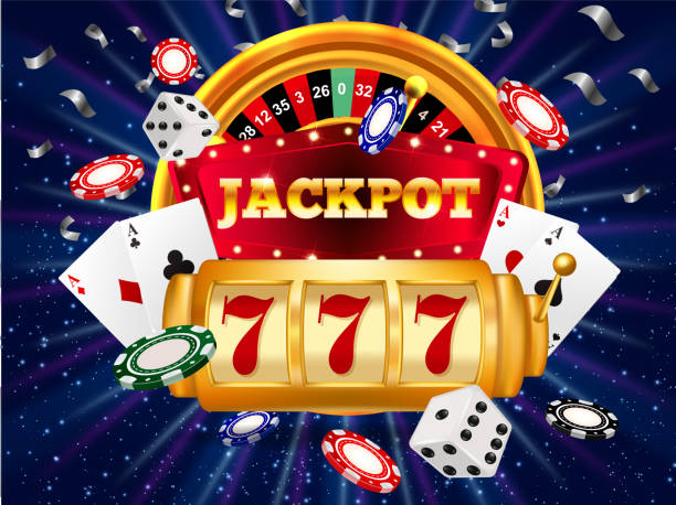 победитель баннер с игровым автоматом выигрывает джекпот. векторная иллюстрация для победителей покера, карт, рулетки и лотереи. - jackpot stock illustrations