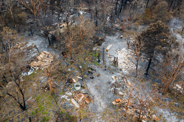 bush fire destruction with home Aerial view of Australian bush fire destruction with a burnt home & property new south wales photos stock pictures, royalty-free photos & images