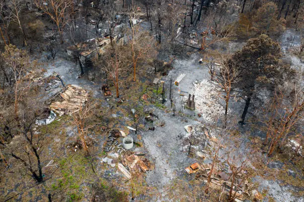 Photo of bush fire destruction with home