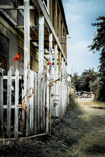 Dirty old picket fence around abandoned corner lot countryside home. Dirty old picket fence around abandoned corner lot countryside home. Deserted residential rural property overrun with grass and wild plants. Grungy grimy exterior walls and fencing along dirt road. falmouth harbor stock pictures, royalty-free photos & images