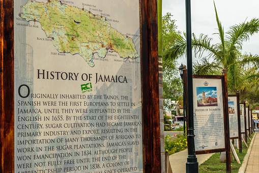 Falmouth, Jamaica - June 03 2015: Information displays of Jamaican culture, history and more along car park at the Falmouth Cruise Ship Port in Trelawny parish, Jamaica.
