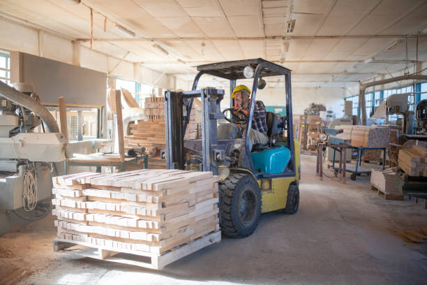 Adult Man Driving Forklift With Wood Material. Adult man working with forklift in factory. helmet hardhat protective glove safety stock pictures, royalty-free photos & images