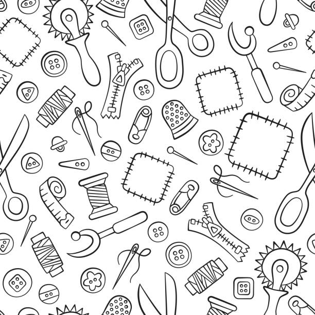 ilustrações de stock, clip art, desenhos animados e ícones de tools and accessories for sewing and needlework. seamless pattern in doodle and cartoon style. - sewing needlecraft product needle backgrounds