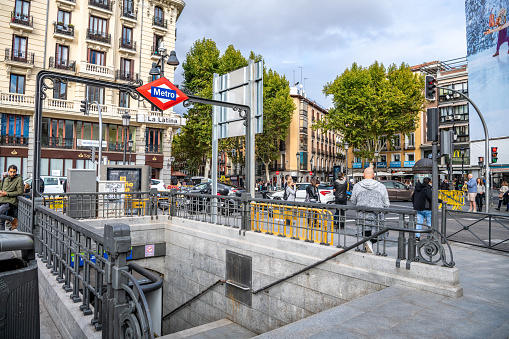 Madrid / Spain - October 19, 2019: People exploring the popular La Ribera / La Latina neighborhood in central Madrid, at the subway station.