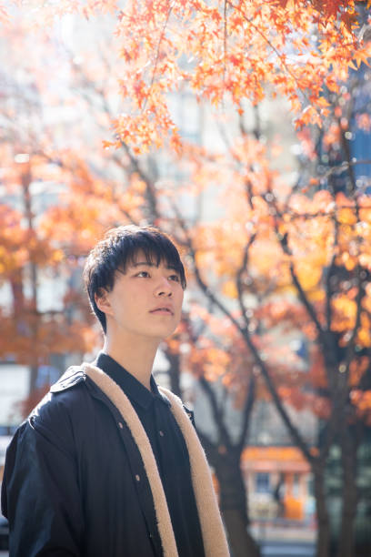 istock Japanese young man standing under autumn leaves 1195483754
