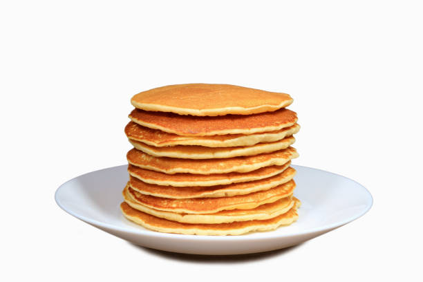 istock Stack of plain pancakes on a white plate isolated on white background 1195486564