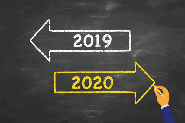 istock Human Hand Drawing Old Year or New Year 2020 on Blackboard Background 1195488156