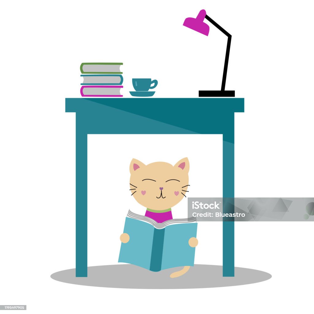Kucing Yang Digambar Tangan Duduk Di Bawah Meja Dan Membaca Buku