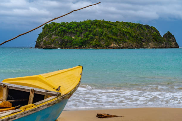 vieux bateau de pêche en bois coloré amarré par l'eau sur une belle côte de plage. paysage blanc de rivage de mer de sable sur l'île tropicale des caraïbes - cabarita beach photos et images de collection