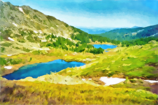 Drawing watercolor. Digital painting-illustration. Watercolor mountain landscape. Alpine landscape in early spring Karakol lakes Altai Mountains. Travel, tourism.