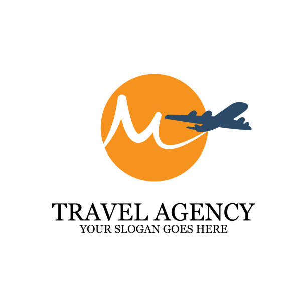 Travel Agency Logo template with airplane, M travel logo inspiration Travel Agency Logo template with airplane, M travel logo inspiration, simple logo designs travel agencies stock illustrations
