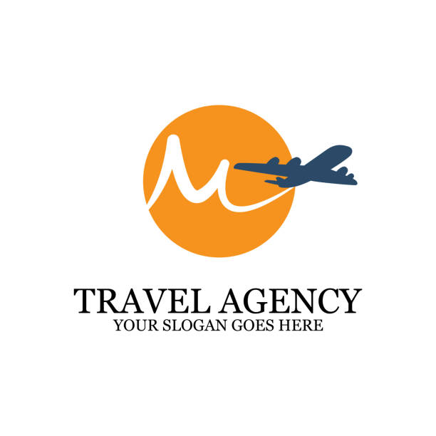 Travel Agency Logo template with airplane, M travel logo inspiration Travel Agency Logo template with airplane, M travel logo inspiration, simple logo designs tourism logo stock illustrations