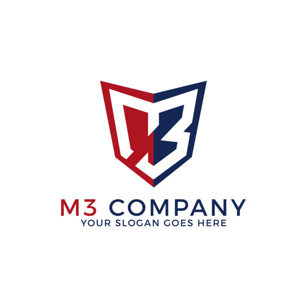 illustrazioni stock, clip art, cartoni animati e icone di tendenza di modello di logo m3 company, nome iniziale con design del logo dello scudo - m3