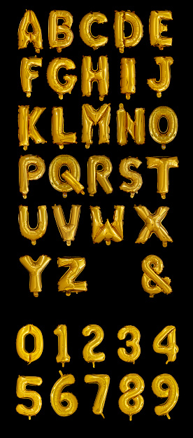 Gold Foil Balloons Alphabet on a black background