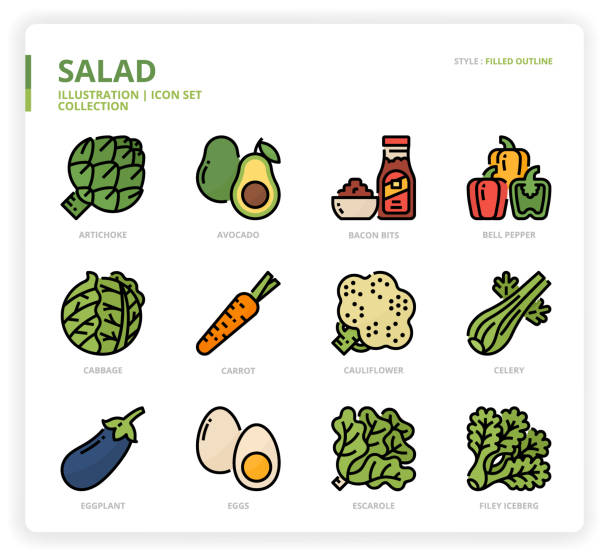 illustrations, cliparts, dessins animés et icônes de ensemble d'icône de salade - celery nutrient vegetable plant